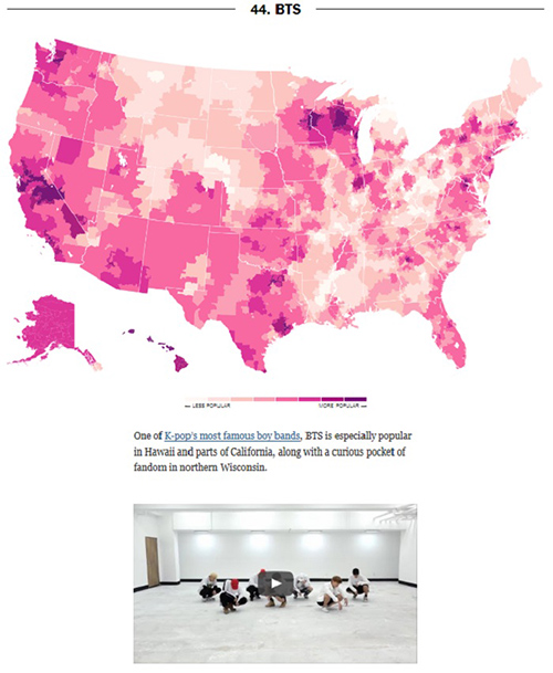 The New York Times introduces BTS as 'one of K-pop’s most famous boy bands' in its feature article 'What Music Do Americans Love the Most? 50 Detailed Fan Maps.' (New York Times)